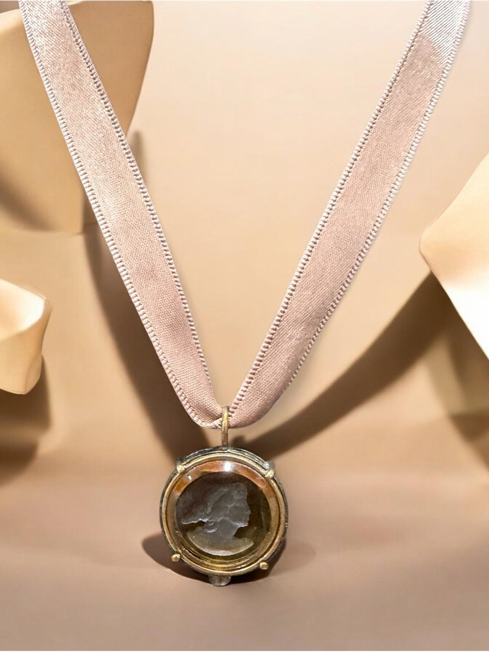 Vintage Extasia Hand-Pressed Bavarian Glass Intaglio Silk Ribbon Choker Necklace